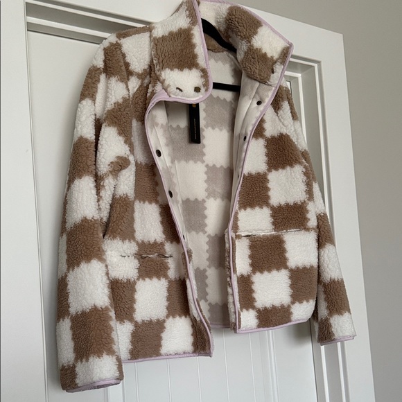 Brown and White Checkered Sherpa Jacket - Picture 2 of 6